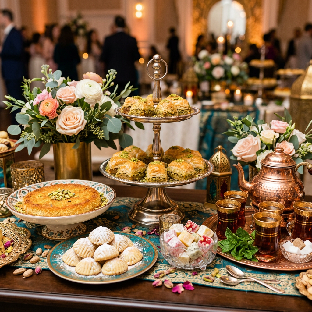 Elegant Middle Eastern dessert table with baklava, kunafa, date pastries and ornate tea service