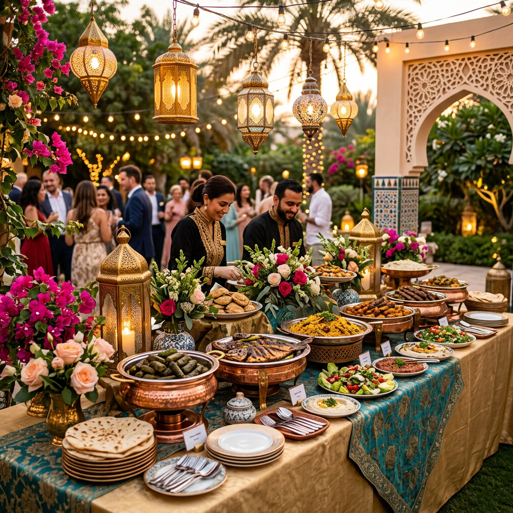 Stunning outdoor Iraqi catering setup with string lights, lanterns, and traditional dishes