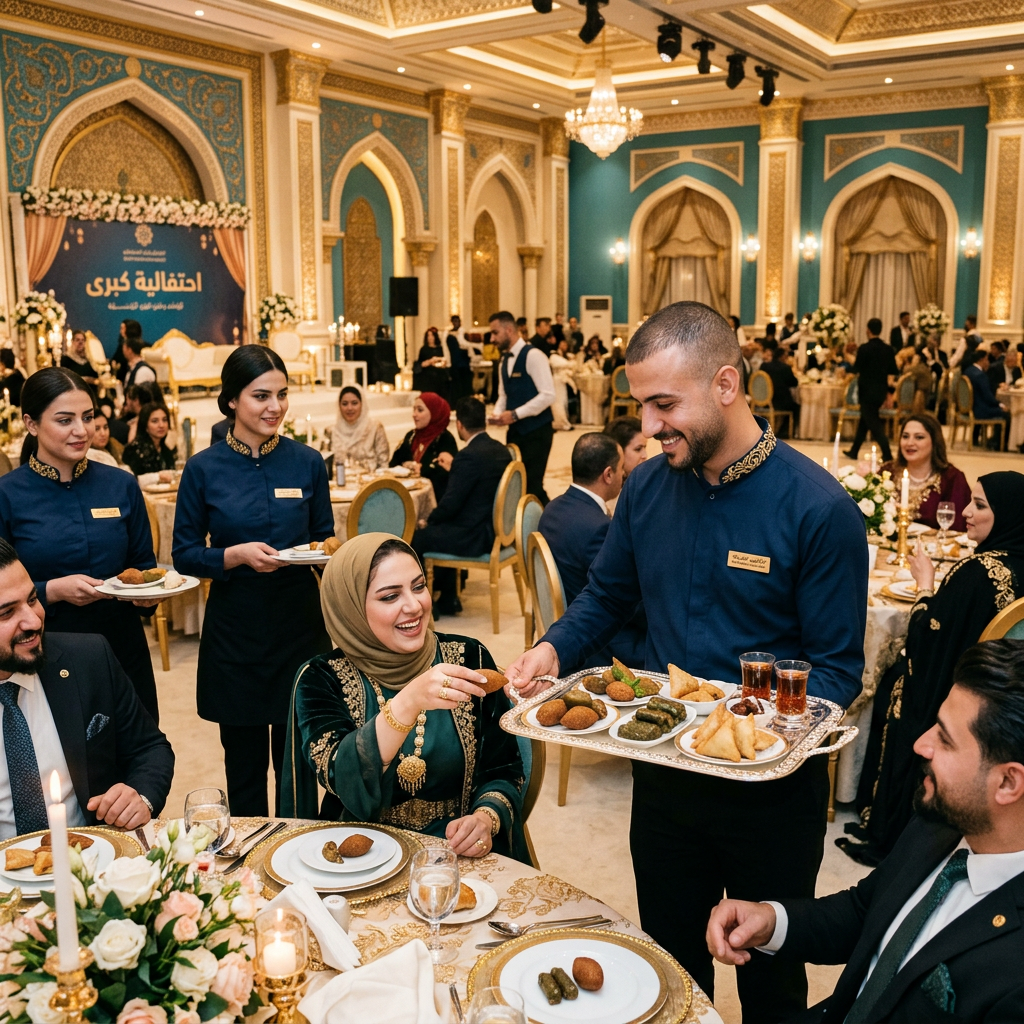 Iraqi catering staff in professional uniforms serving guests at an elegant banquet