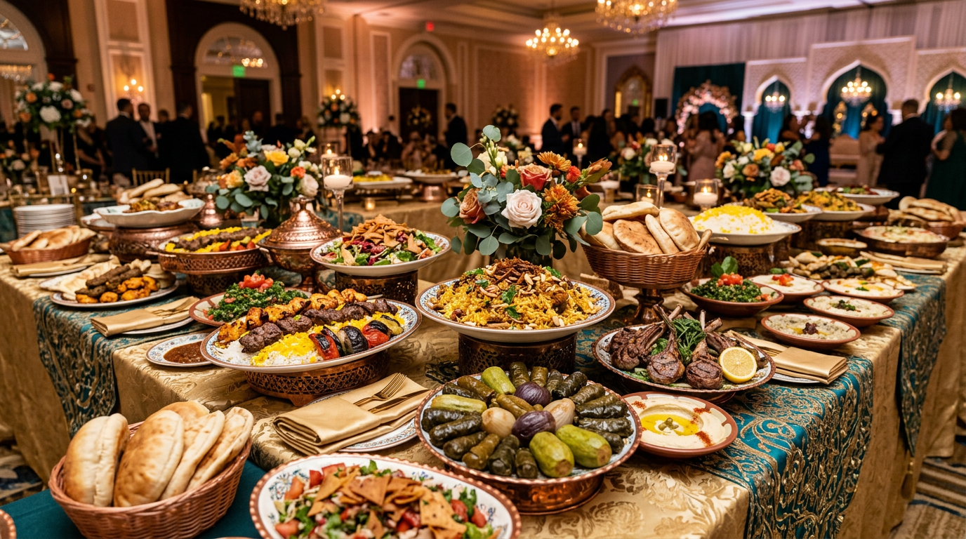 A lavish Iraqi catering spread with kebabs, biryani, dolma, and grilled meats at an upscale banquet