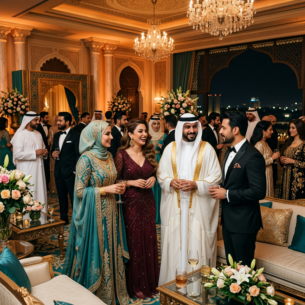 Iraqi guests at an upscale gala in elegant Middle Eastern party dresses and formal attire