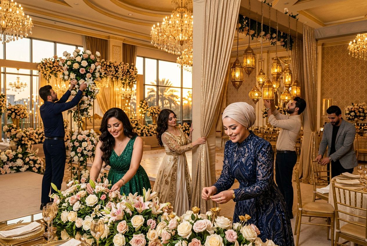 Iraqi guests at an upscale gala in elegant Middle Eastern party dresses and formal attire