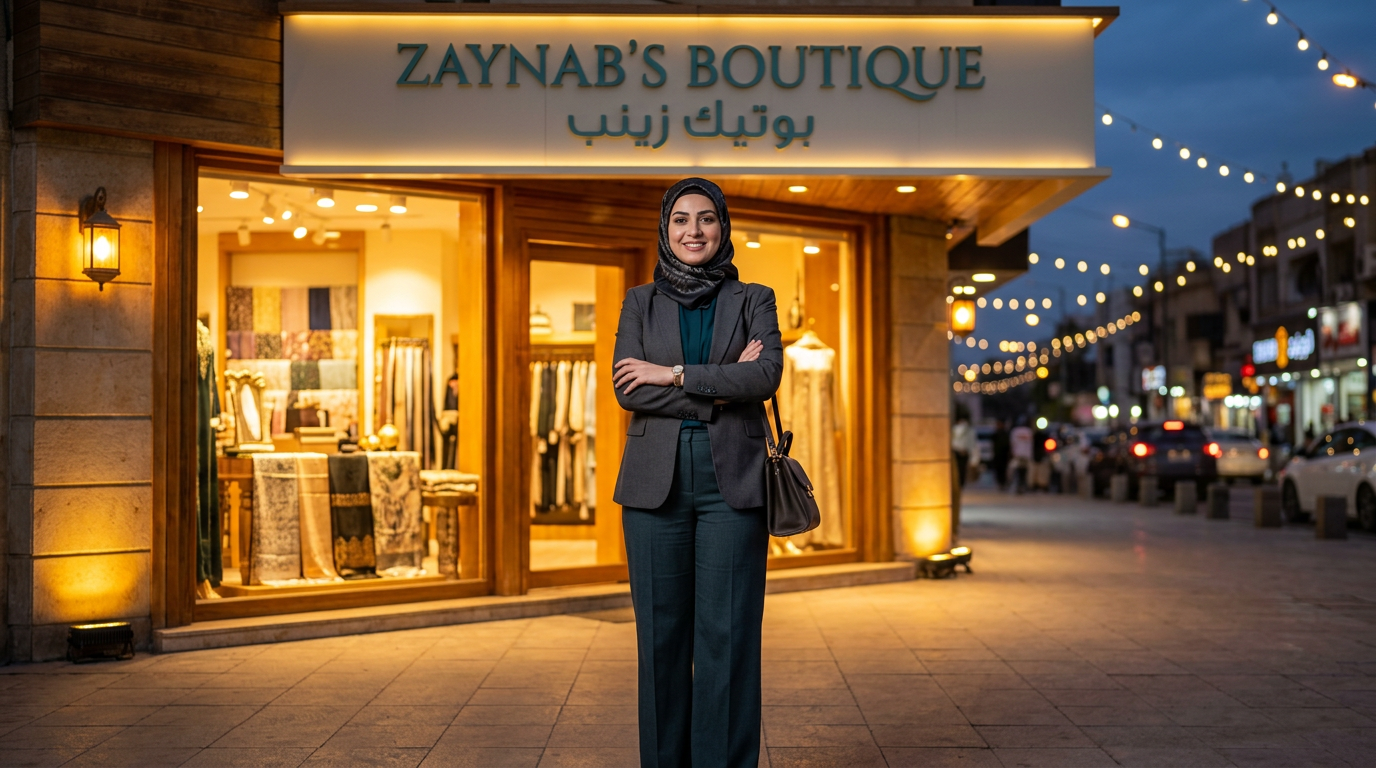 A confident Iraqi businesswoman standing proudly in front of her beautifully lit storefront