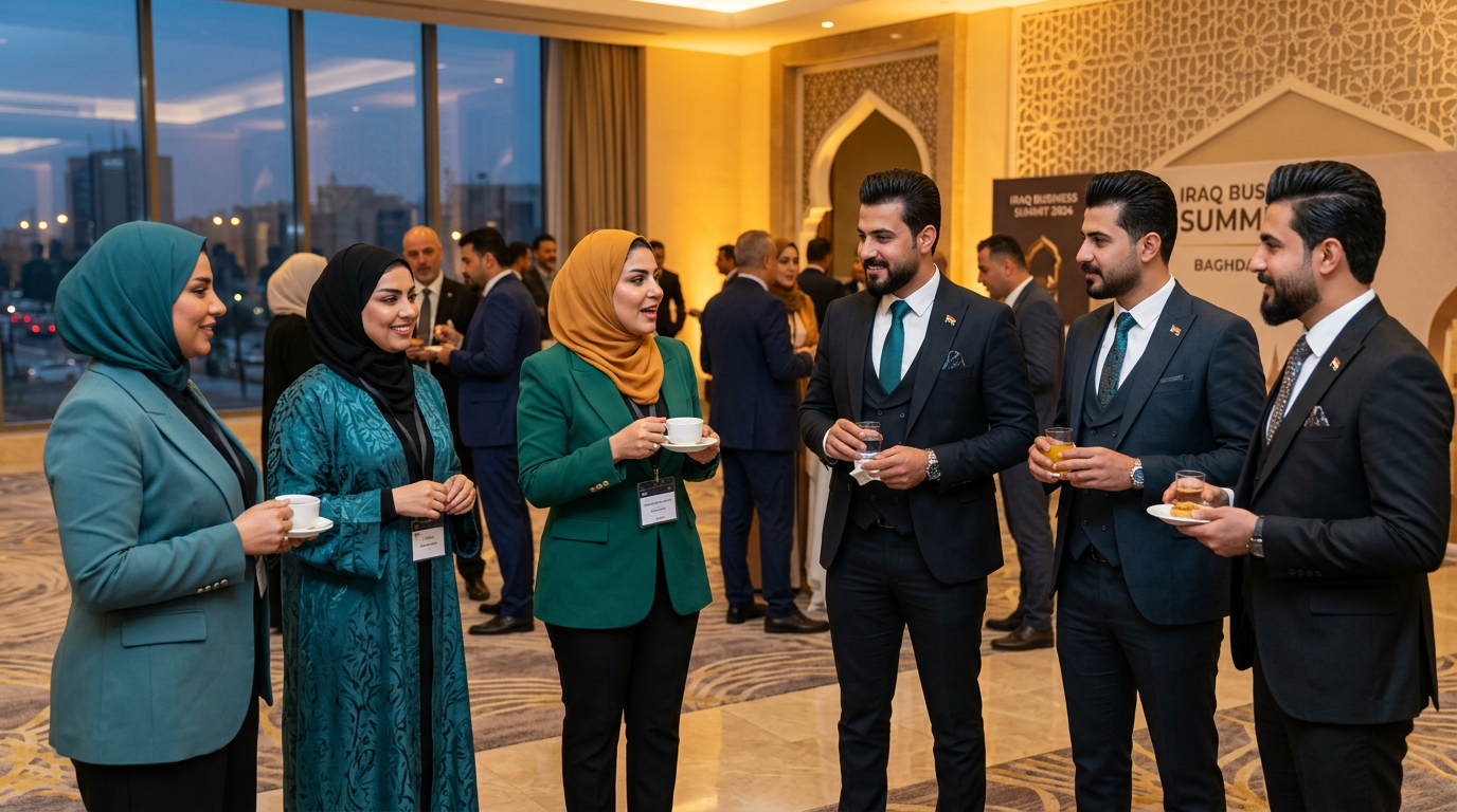 Iraqi businessmen and businesswomen networking at an elegant event in Baghdad
