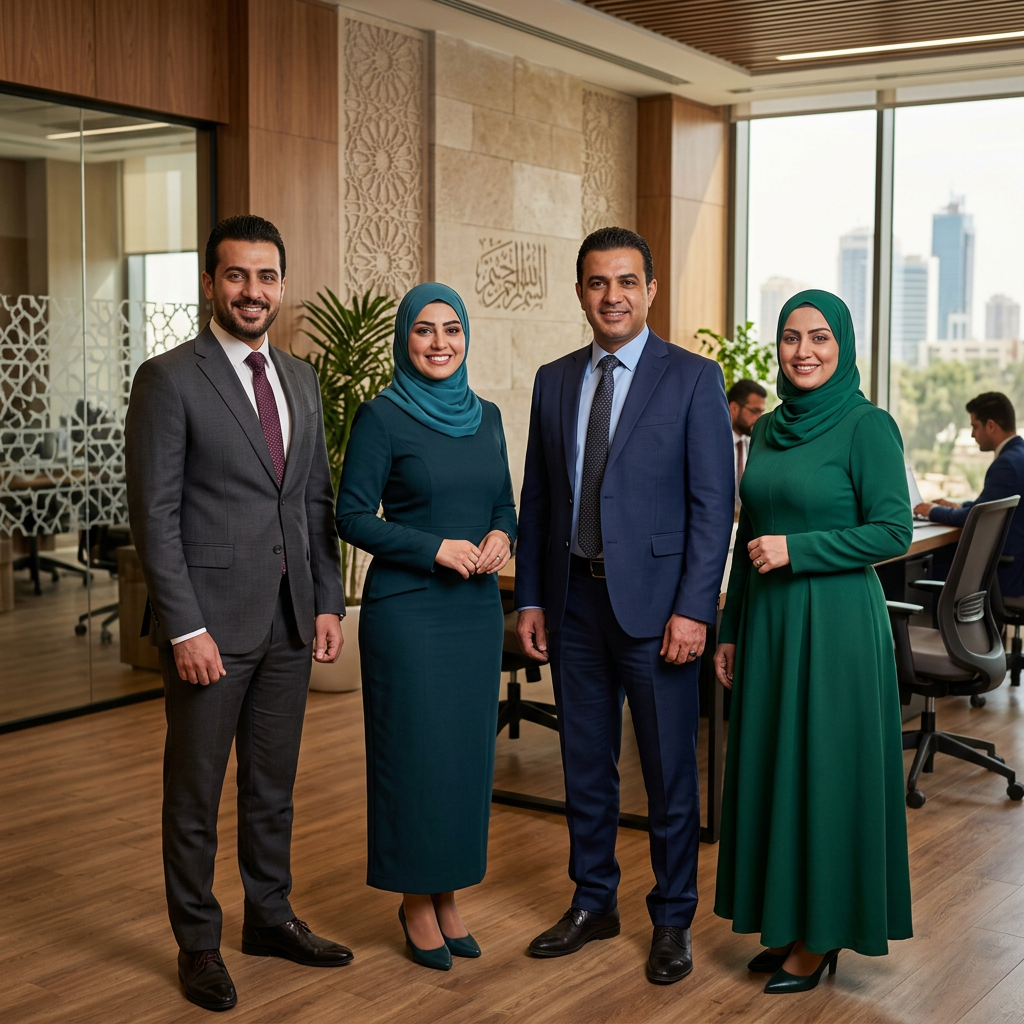 Iraqi professionals in sharp business attire standing confidently in a modern Baghdad office