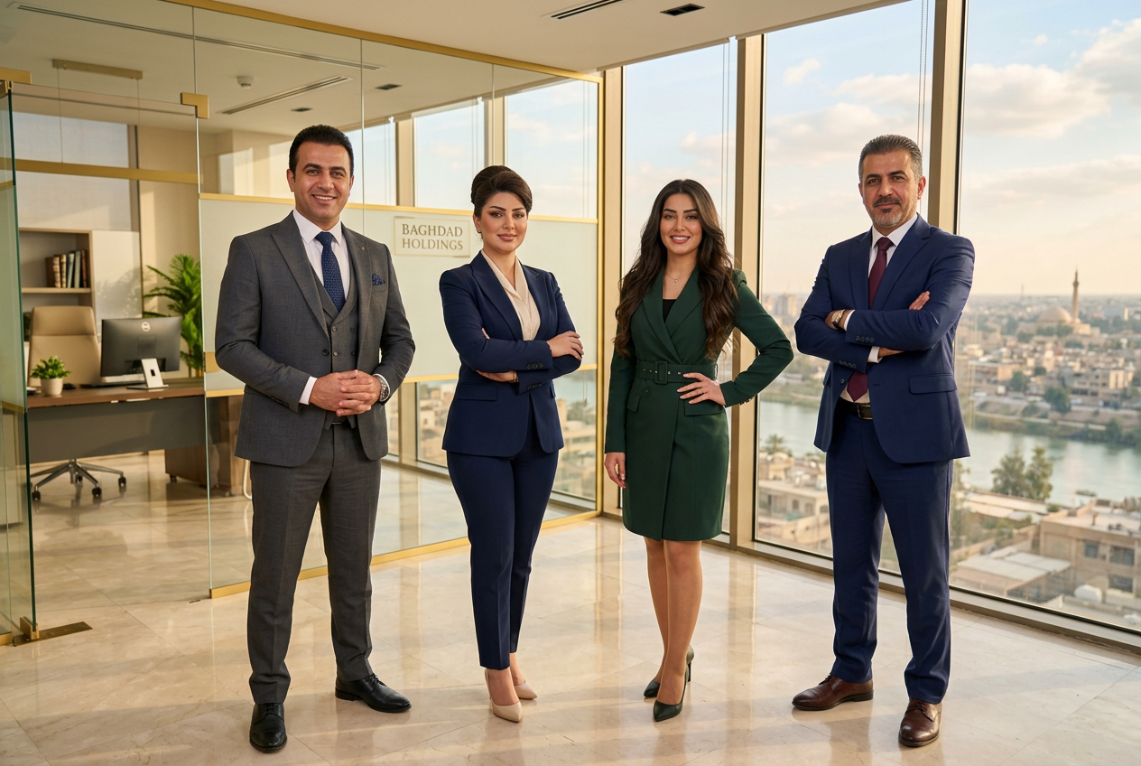 Iraqi professionals in sharp business attire standing confidently in a modern Baghdad office