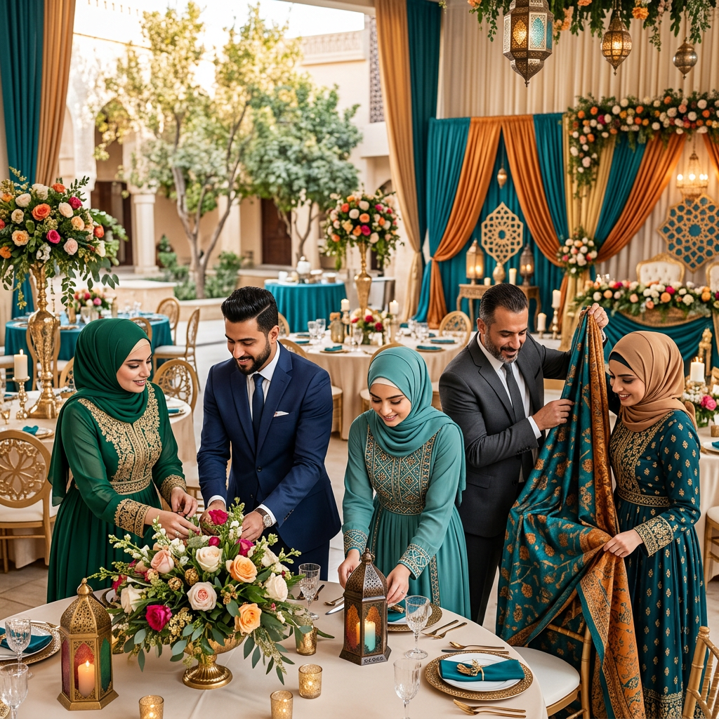 Iraqi event planning team in elegant professional attire arranging a beautiful event setup