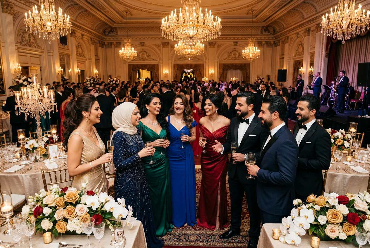 Iraqi event planning team in elegant professional attire arranging a beautiful event setup