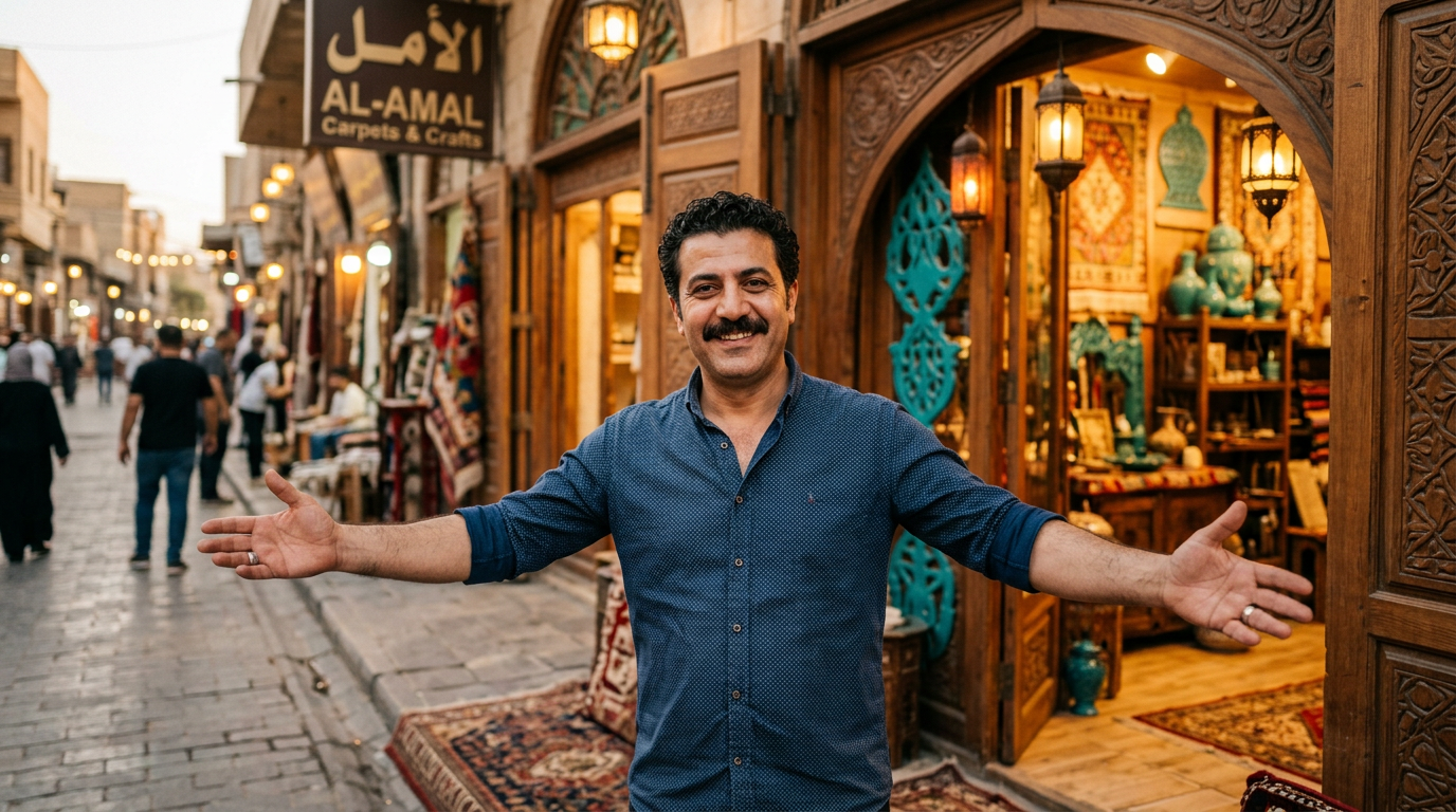 A friendly Iraqi business owner warmly welcoming visitors into his shop